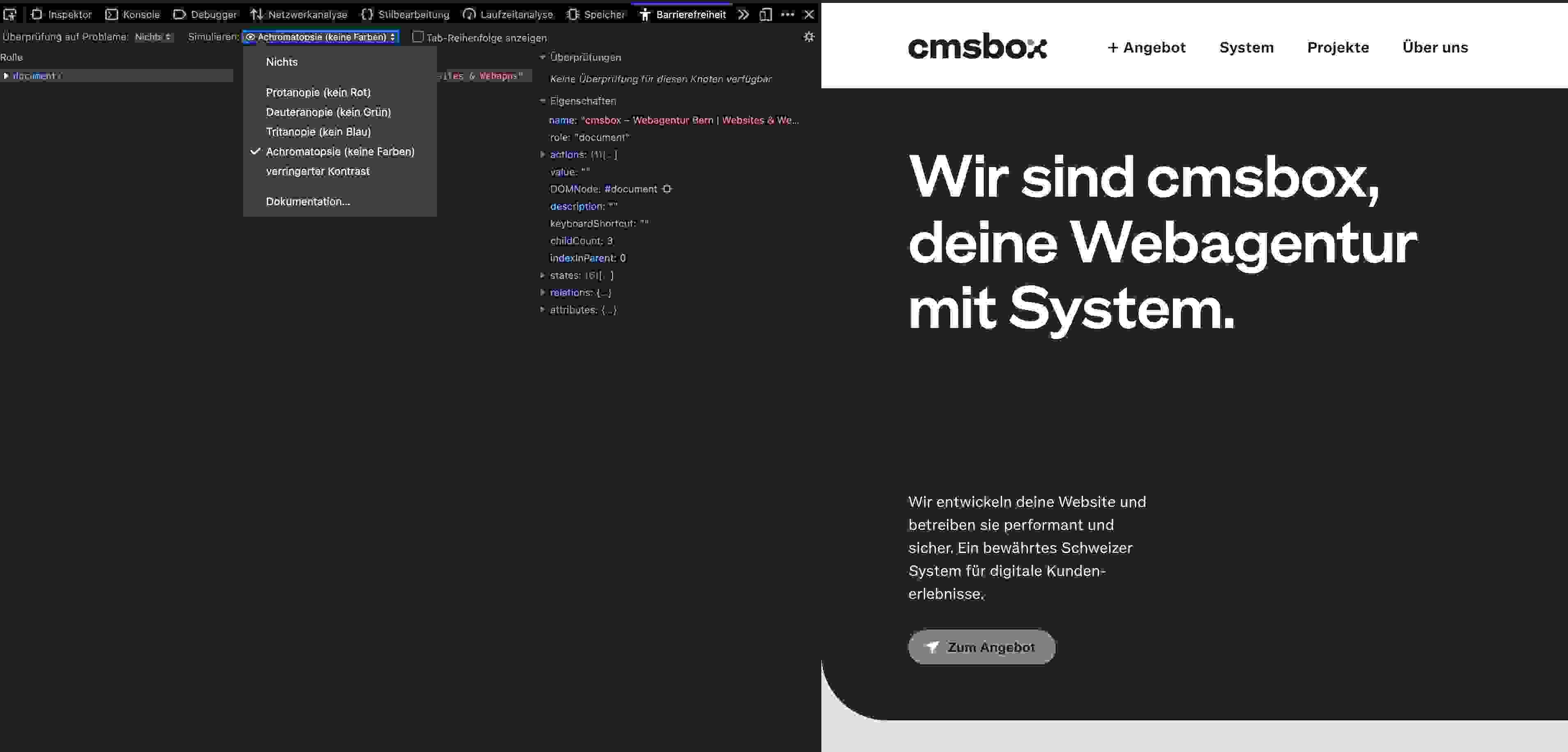Prüfung der Farben und Kontraste im Browser Firefox.