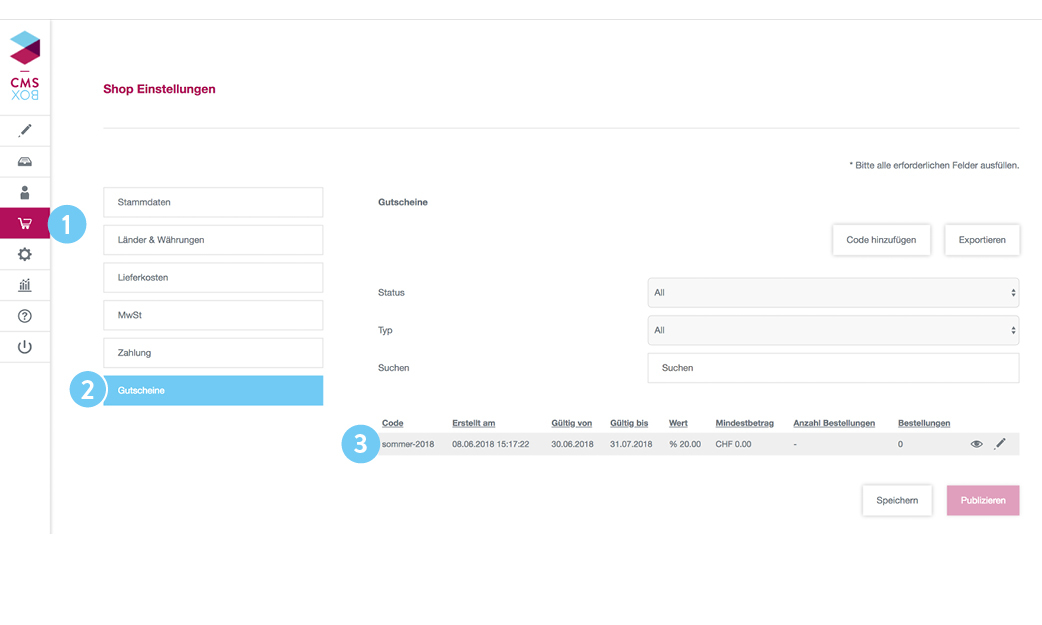 Shop Einstellungen - Gutscheine